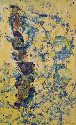 2017 - 60" x 36" - Techniques mixtes sur toile, cristaux et chaînes des grands lustres (Reine Elizabeth), phosphore