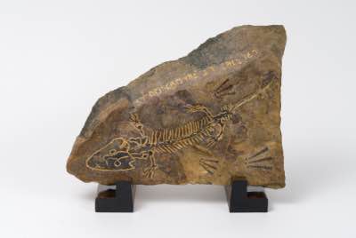 H 13.5" x L 15.5" x P 7.5" (avec base) - grès ciselé, patine, base de bois